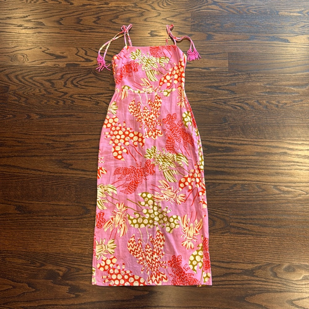 Rachel Zoe Linen Blend Pink Lobster Print Midi Dress Size XS